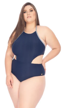 Plus Size Navy Blue Brazilian Monokini With Gingham Details - Maio Engana Mamae Katy Azul Marinho
