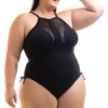 Plus Size Black High Neck Swimsuit With Openwork - Swimsuit Cleya Preto