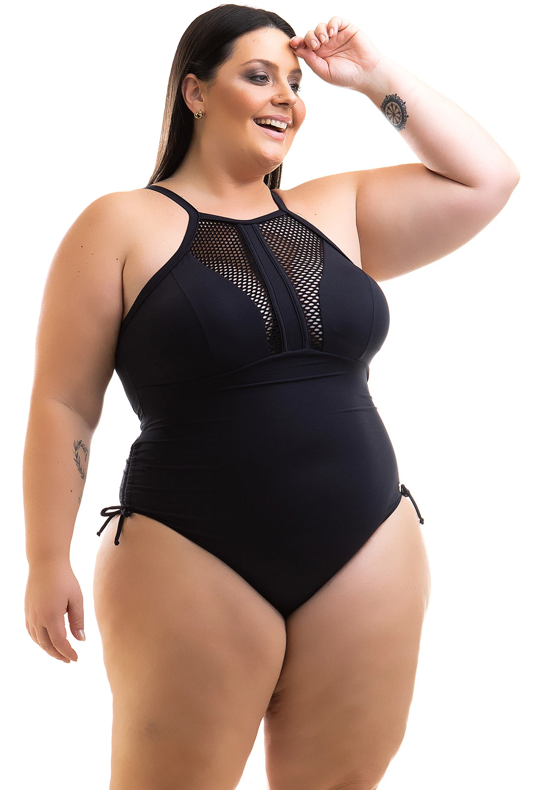 Plus Size Black High Neck Swimsuit With Openwork - Swimsuit Cleya Preto