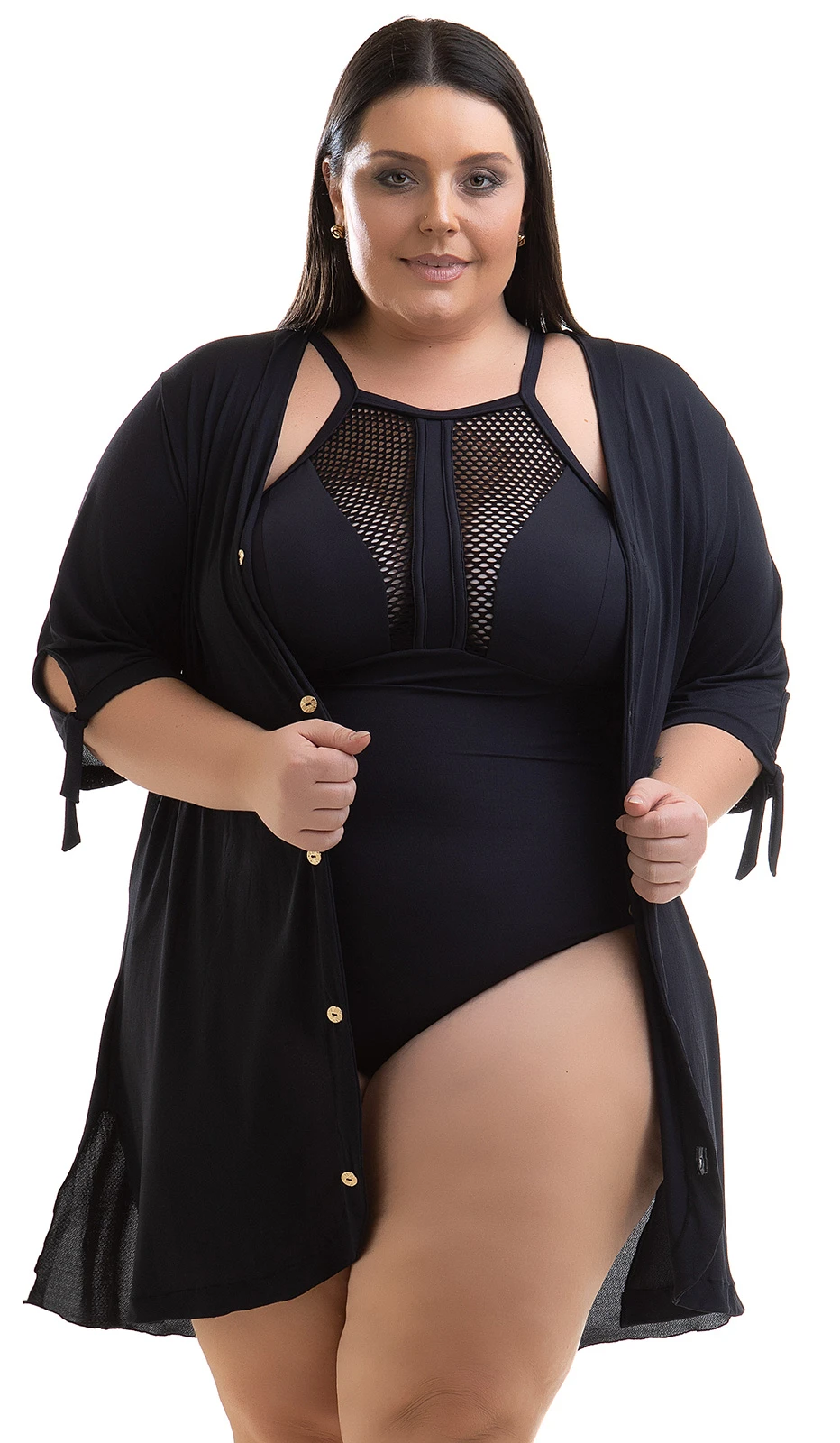 Plus Size Black High Neck Swimsuit With Openwork - Swimsuit Cleya Preto - Image 3