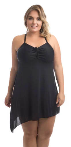 Plus Size Black 2 In 1 One-piece Swimsuit With A Tie-up Dress - Maio Bahamas Preto