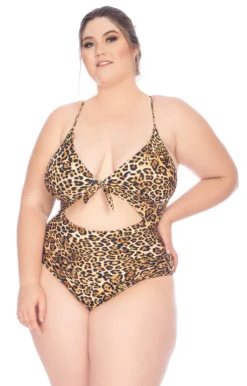 Plus Size Leopard 1-piece Swimsuit, Front-tied - Maio Laco Lauren Tigresa