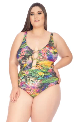 Plus Size Tropical Print One-piece Swimsuit With Strappy Neckline - Maio Shape Emily Floresta
