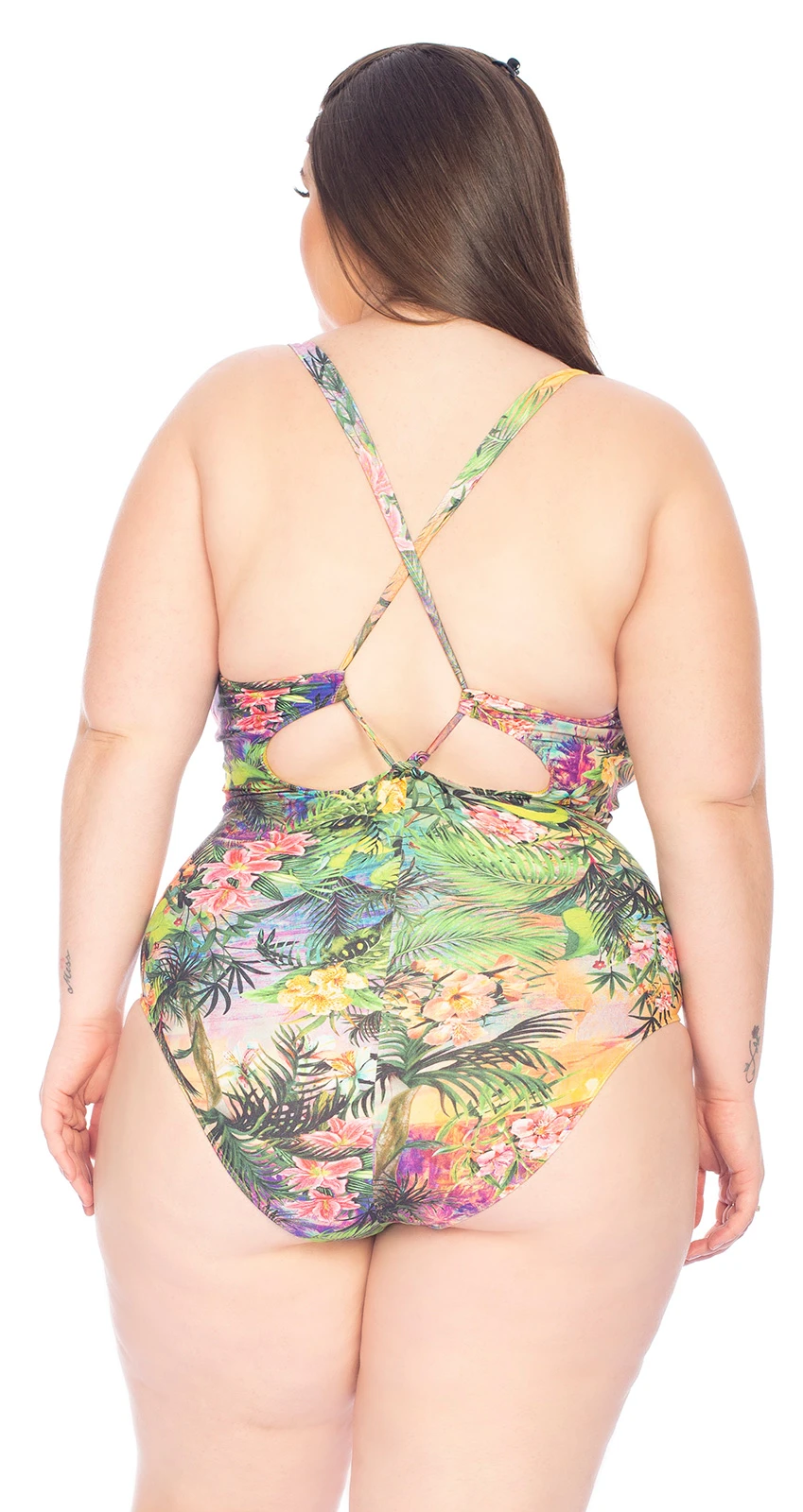Plus Size Tropical Print One-piece Swimsuit With Strappy Neckline - Maio Shape Emily Floresta - Image 2