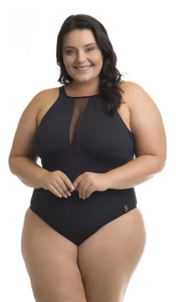 Plus Size Black 1-piece Swimsuit With Plunging Transparent Neckline - Swimsuit Antilhas Preto