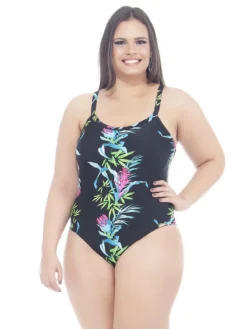 Black/floral Print Plus Size One-piece Swimsuit - Fresia