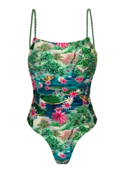 Tropical Green & Blue One-piece Swimsuit With Twisted Ties - Amazonia Ella