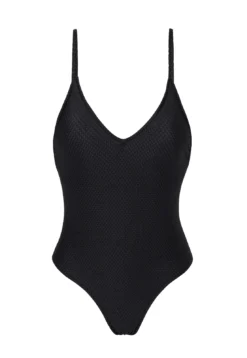 Black Textured Fabric High-leg Swimsuit - Cloque Preto Hype