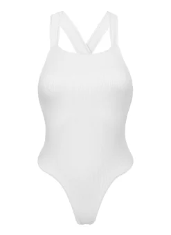 White Ribbed High-leg One-piece Swimsuit Crossed Back - Cotele-branco Olivia