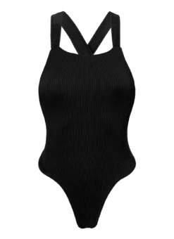 Black Ribbed High-leg One-piece Swimsuit Crossed Back - Cotele-preto Olivia