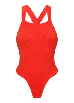Red Ribbed High-leg One-piece Swimsuit Crossed Back - Cotele-tomate Olivia