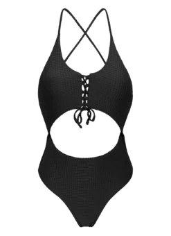 Black Textured Belly Cutout Brazilian One-piece Swimsuit - Dots-black Ivy Strap