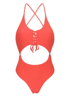 Textured Coral Belly Cutout Brazilian One-piece Swimsuit - Dots-tabata Ivy Strap