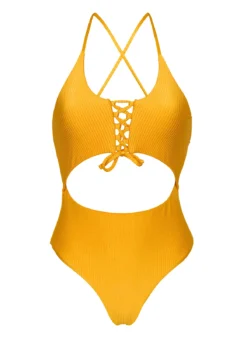 Textured Yellow Brazilian One-piece Swimsuit With Belly Cutout - Eden-pequi Ivy Strap