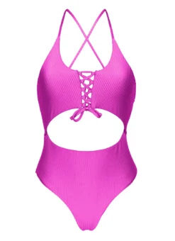 Textured Pink Brazilian One-piece Swimsuit With Belly Cutout - Eden-pink Ivy Strap