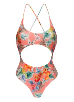 Coral Pink Print Brazilian One-piece Swimsuit With Belly Cutout - Frutti Ivy