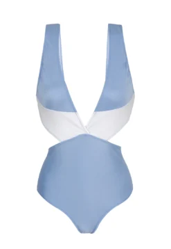 Denim Blue And White V Neckline Monokini - Garoa Trikini Recorte