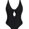 Black Textured Fabric High-leg Swimsuit With Front Knot - Kiwanda Preto Hype No