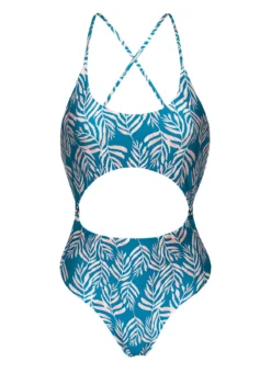 Blue Flowered Brazilian One-piece Swimsuit With Belly Cutout - Palms-blue Ivy