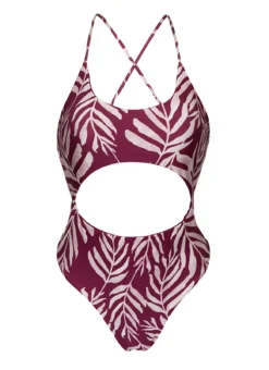 Wine Flowered Brazilian One-piece Swimsuit With Belly Cutout - Palms-vine Ivy