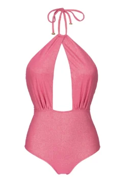 Pink Lurex One-piece Swimsuit With Plunging Cut Out Neckline - Radiante Rosa Sensation