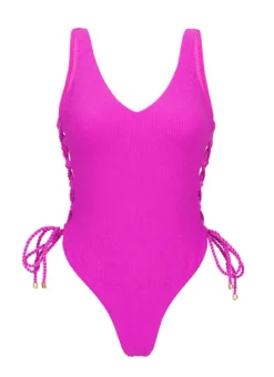 Magenta Pink Textured Thong 1 Piece Swimsuit With Laced Sides - St-tropez Pink Zoe