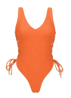 Orange Textured Thong 1 Piece Swimsuit With Laced Sides - St-tropez Tangerina Zoe