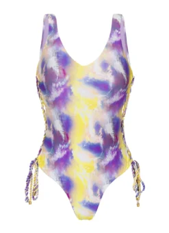Purple & Yellow Tie Dye Thong 1 Piece Swimsuit With Laced Sides - Tiedye-purple Zoe