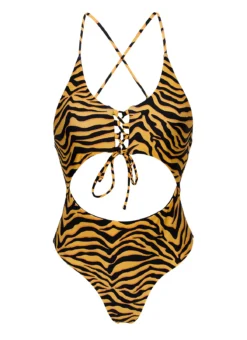 Orange & Black Tabbed Brazilian One-piece Swimsuit With Belly Cutout - Wild-orange Ivy Strap
