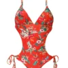 Brazilian Red Scrunch Side-tie Monokini With Floral Print - Wildflowers Trikini