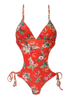 Brazilian Red Scrunch Side-tie Monokini With Floral Print - Wildflowers Trikini