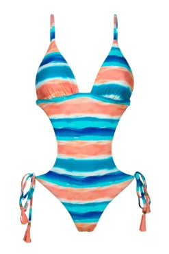 Brazilian Monokini In Blue And Coral Pattern - Upbeat Trikini