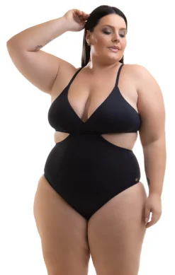 Plus Size Solid Black Brazilian Monokini - Swimsuit Kemmy Preto
